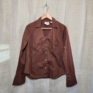 Roper‎ Button Up Blouse Women's M Brown Snap Button V-Neck Collar Fitted Western